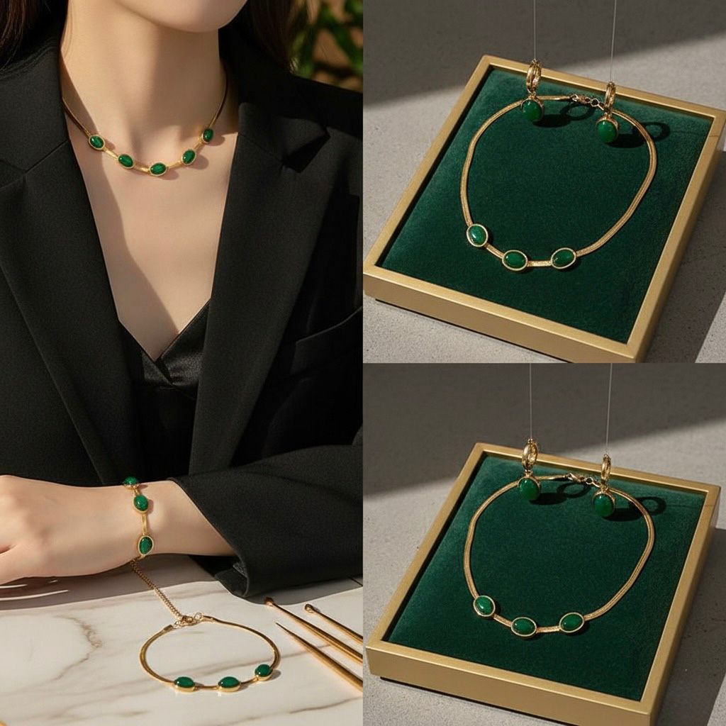 Oval Green Crystal Pendant Necklace Set With Bracelet